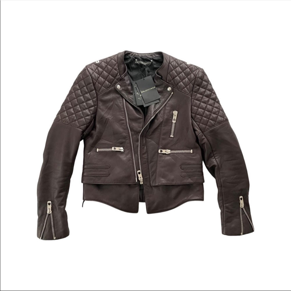 Balenciaga Leather Biker Jacket In Brown